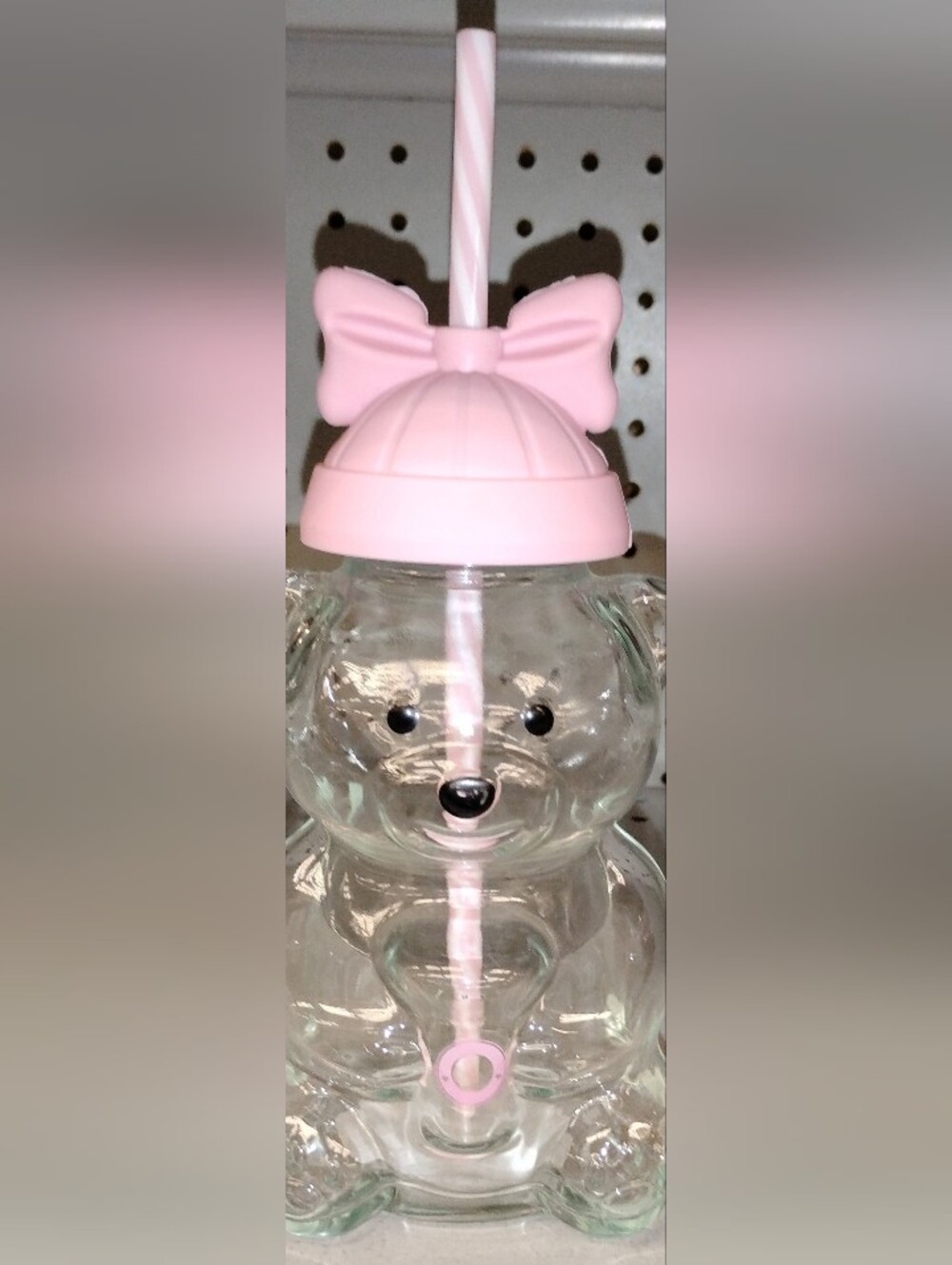 Pink Bear Glass Water Bottle with a Bow Lid & Matching Straw
